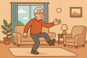 Old man tossing ball while standing on one leg